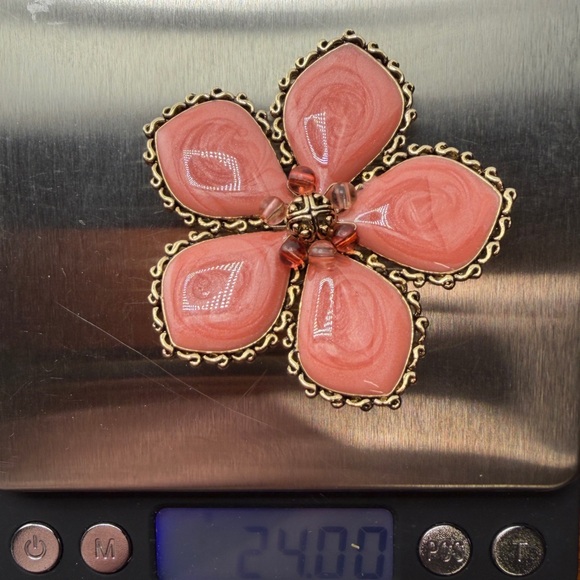 Vintage Floral Brooch with Pink Petals and Gold Accents 1-3/4” - Picture 4 of 4